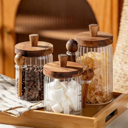 ANSQU Glass Jar with Wooden Lid & Spoon, 20.3oz Food Storage Containers Coffee Jar Coffee Grounds Container, Coffee Canister holds up to 7.4oz Coffee Beans (1 Pack) - size: 20.3oz-1pack-stripe