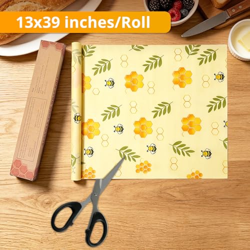 Reusable Beeswax Food Wrap Roll, 13x39 Inches Cut-to-Size Beeswax Paper for Bread, Sustainable Eco Friendly Cotton Food Storage Wraps for Cheese, Fruit, Veggies, Washable Plastic Free