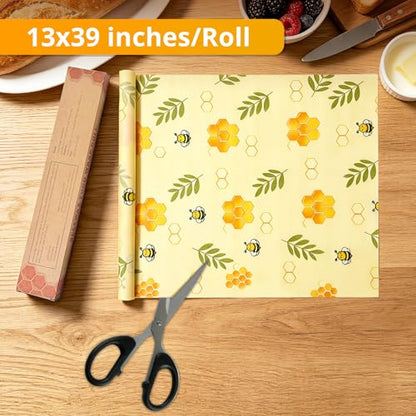 Reusable Beeswax Food Wrap Roll, 13x39 Inches Cut-to-Size Beeswax Paper for Bread, Sustainable Eco Friendly Cotton Food Storage Wraps for Cheese, Fruit, Veggies, Washable Plastic Free