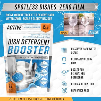 ACTIVE Washing Machine Cleaner and Dishwasher Detergent Booster - Includes 24ct Washer Cleaning Tablets and 32oz Dish Boosting Powder