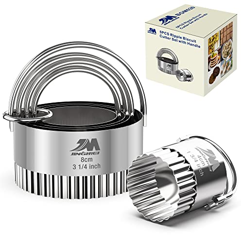Fluted cookie cutter Set 1.75inch 2inch 2.25inch 2.75inch 3.25inch, Stainless Steel Round Biscuit Cutters with Handle, Wave Cookies Cutter with Fluted Edge, Baking Dough Tools, 5pcs GIFT - style: 5pcs Ripple with Handle(1.75-3.25in)