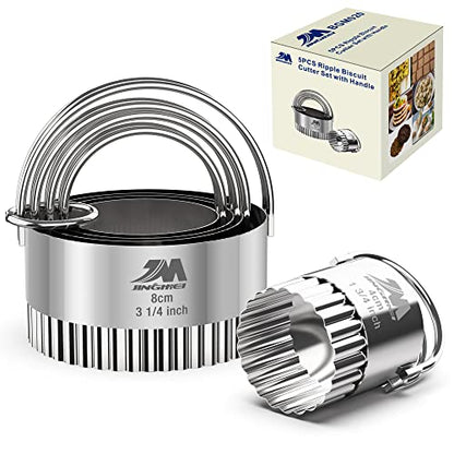 Fluted cookie cutter Set 1.75inch 2inch 2.25inch 2.75inch 3.25inch, Stainless Steel Round Biscuit Cutters with Handle, Wave Cookies Cutter with Fluted Edge, Baking Dough Tools, 5pcs GIFT - style: 5pcs Ripple with Handle(1.75-3.25in)