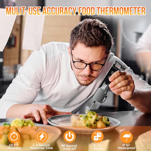 Digital Meat Thermometer with ±0.5℉ Precision, Fast Reading Waterproof Food Thermometer for Grilling and Cooking, Easy to Use, LCD Display, Kitchen Gadgets BBQ Accessories
