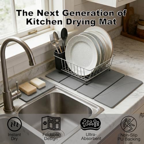 2PCS Stone Dish Drying Mat for Kitchen Counter,Collapsable Stone Dish Drying Mat with Diatomaceous Earth for Quick Drying-Ultra Absorbent-Eco-Friendly,Foldable -23.6"×15.7" Light Gray Wave Grooves - color: DKHX-Light Gray