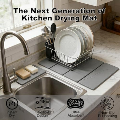 2PCS Stone Dish Drying Mat for Kitchen Counter,Collapsable Stone Dish Drying Mat with Diatomaceous Earth for Quick Drying-Ultra Absorbent-Eco-Friendly,Foldable -23.6"×15.7" Light Gray Wave Grooves - color: DKHX-Light Gray