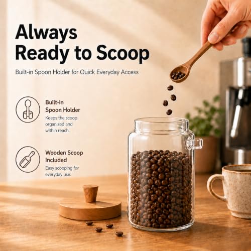 ANSQU Glass Coffee Canister with Wooden Lid, 27 oz Jar with Spoon | Coffee Containers holds up to 8.5oz Coffee Beans, Coffee Grounds Containers, Coffee Bar Organizer - size: 27oz-1pack (φ3.54")