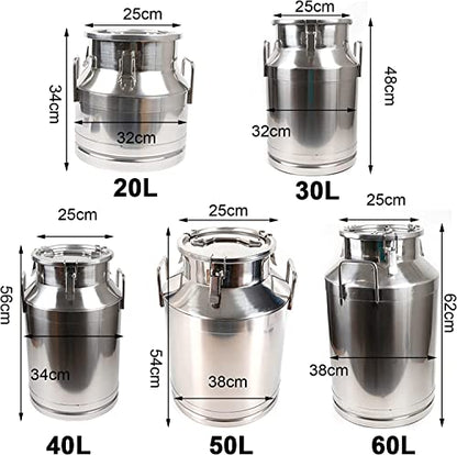 20-60L Stainless Steel Milk Can Wine Milk Bucket Wine Pail Bucket Milk Can Tote Jug with Sealed Lid Heavy Duty, with Independent Embedded Silicone Sealed Lid (60L) - size: 60L