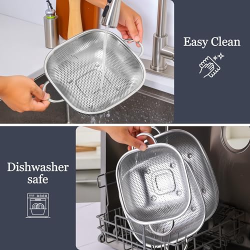 E-far 3 Pack Colander for Kitchen, Square Stainless Steel Metal Strainer Colander with Handle for Draining Food Pasta Vegetable, Micro-Perforated & Elevated Feet, Dishwasher Safe(2.4/4/6QT) - size: 2.4/4/6QT