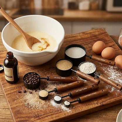 Measuring Cups and Spoons Set, 8PCS Stainless Steel Metal Measuring Cups, Walnut Wood Handle, Black Plated, For Dry and Liquid Ingredients