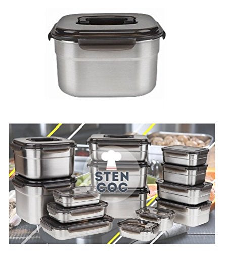 STENCOC Stainless Steel BPA Free Square Leakproof Airtight Kimchi/Pickle/Food Storage Container Saver (5.8L / 196oz / 9.1") One Handle