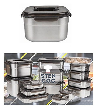 STENCOC Stainless Steel BPA Free Square Leakproof Airtight Kimchi/Pickle/Food Storage Container Saver (5.8L / 196oz / 9.1") One Handle
