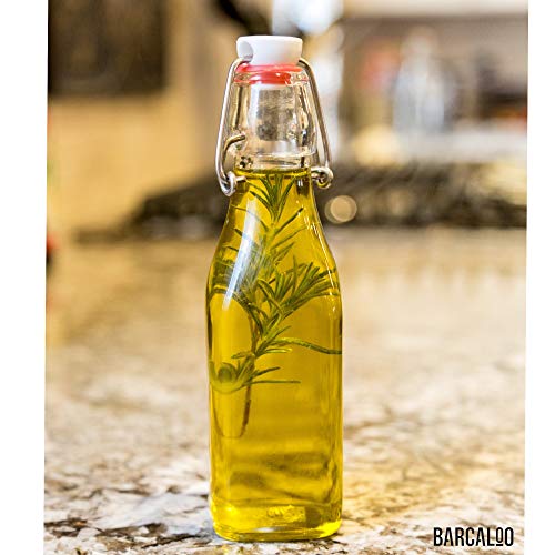 Barcaloo 8.5 Ounce Clear Flip Top Glass Bottle for Home Brewing - Swing Top Glass Bottles for Beer, Kombucha, Soda, Juice, Fermentation, Square 12 Pack with Stopper and Funnel