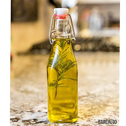 Barcaloo 8.5 Ounce Clear Flip Top Glass Bottle for Home Brewing - Swing Top Glass Bottles for Beer, Kombucha, Soda, Juice, Fermentation, Square 12 Pack with Stopper and Funnel