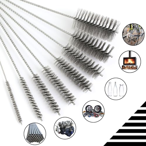 16 1/2 Inch Extra Long Stainless Steel Tube Brushes, Wire Pipe Cleaning Set with Stainless Steel Bristles, Tube Bottle Brush Kit, 8 Sizes for Auto Parts, Bottles, Tubes, Etc