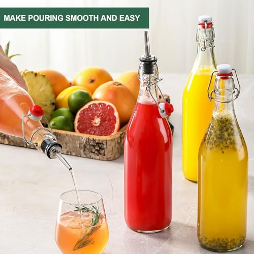 4 Pack [1 Liter / 33 fl. oz.] Swing Top Glass Bottles w/ Airtight Stopper Lids – Flip Top Brewing Bottle for Fermentation, Kombucha, Mead, Vinegar, Beer, Kefir, Wine – With 4 Extra Seals & 2 Pourers