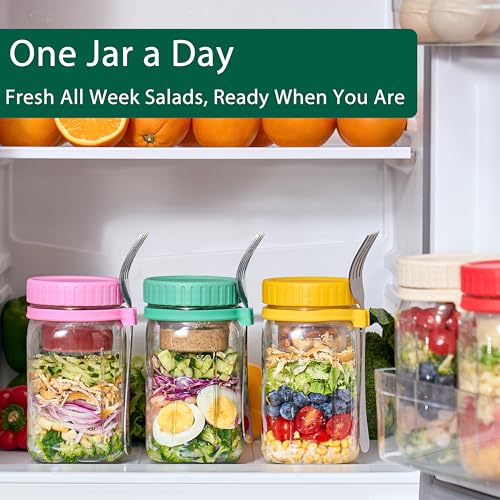 Danmu 32 oz Salad Jars with 2 Dressing Cups & Forks - Glass Mason Jar Meal Prep Containers,Wide Mouth,Leak Proof,Dishwasher Safe - Dry Wet Food Separation for Fresh Salad,Leftovers 4 Pack - color: Multicolor