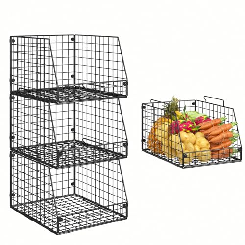 Jakyitvi 3 Pack XXL Stackable Wire Baskets, Large Storage Bins for Onion, Potato, Vegetable, Fruit, Snack, Pantry Baskets for Kitchen Cabinet Countertop, Pantry Organizers and Storage Solutions - size: 3 Pack