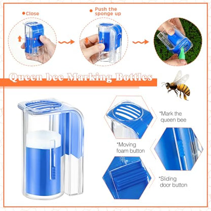 Qualirey 11 Pcs Queen Bee Marking Kit with Bottles Marking Pens Plastic Catcher Queen Bee Cage Clips Beehive Entrance Gate Cell Cups Push Pins for Beekeeping Supplies (Blue)