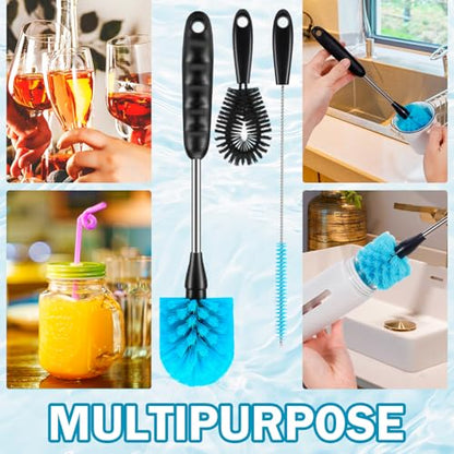 12.2 inch Bottle Brush Set of Three，Washable Coffee Cups, Water Bottles, Baby Bottles, Straws, to-go Cups, Long-Handled 3-in-1 Stainless Steel Bottle Brushes. (Black) - color: Black