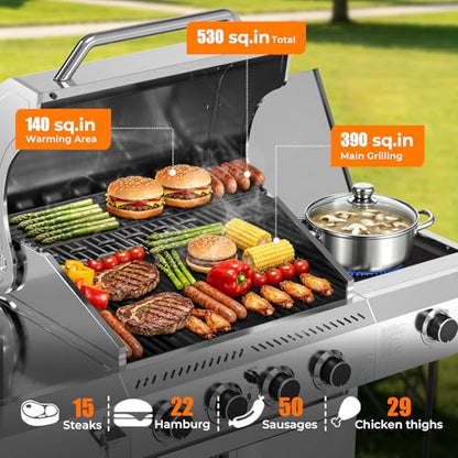Kismile 4-Burner Propane Gas Grill with Side Burner, Stainless Steel 42,000 BTU BBQ Grill, Enameled Baking Rack & Enamel Grates, Barbecue Grill for Outdoor Cooking, Backyard, Patio, Deck Camping