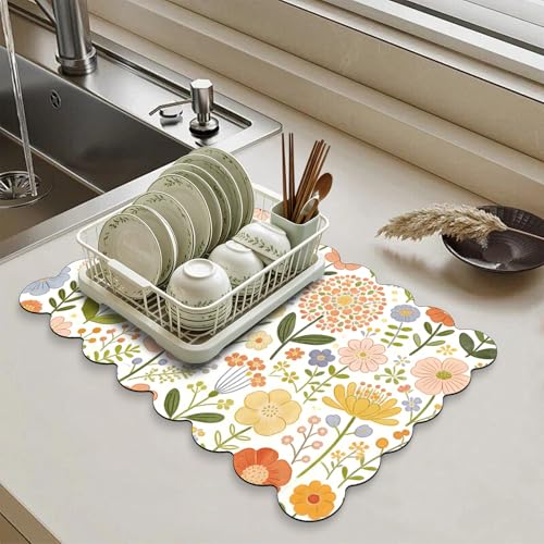 Scalloped Dish Drying Mats for Kitchen Counter, Colorful Flowers for Spring Fall, Cute Coffee Bar Mat for Countertop, Diatomite Absorbent, Kitchen Aesthetic Decor (12"x19", Colorful Flowers) - color: Z-Colorful Flowers, size: 19" x 12"