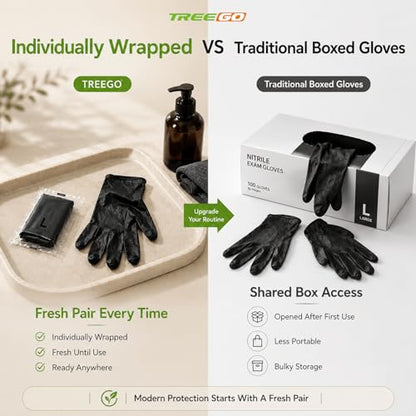 TREEGO Black Individually Wrapped Nitrile Gloves Bundle, X-Large, 110 Pairs Total, Disposable 5 Mil Latex Free Powder Free Gloves for Commercial Food Prep, Catering, Restaurant, Bakery, Cleaning