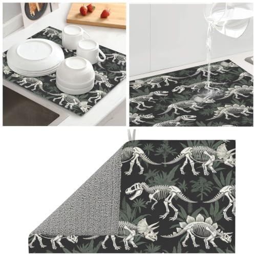 Dinosaur Skeletons Botanical Dish Drying Mats for Kitchen Counter, Super Absorbent Microfiber Drainer Pad, Washable Reversible Appliance Protector, Everyday Kitchen Must-Have, 16x18 Inch - color: Dinosaur Skeletons Botanical