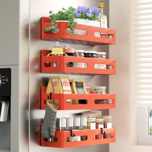 Sevenblue 4-Pack Magnetic Spice Rack for Refrigerator with Hooks, Orange | Strong multipurpose magnetic shelf for kitchen & bathroom organization. Includes 4 removable hooks for hanging items. - color: Organge, size: 4 Pack