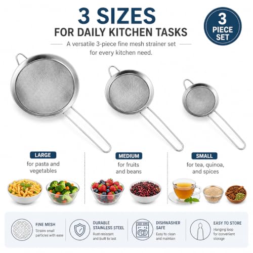 3 Pcs Stainless Steel Fine Mesh Strainer Set, Kitchen Colander with Long Handle, 3 Sizes (3.1/4.7/6.3 Inch) Food Sieve for Flour, Tea, Coffee, Juice and Cooking