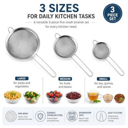 3 Pcs Stainless Steel Fine Mesh Strainer Set, Kitchen Colander with Long Handle, 3 Sizes (3.1/4.7/6.3 Inch) Food Sieve for Flour, Tea, Coffee, Juice and Cooking