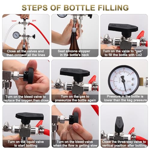 Counter Pressure Bottle Filler Stainless Steel Bottle Filler Counter Pressure Beer Bottling Wand 60psi CO2 Gauge 1/4 & 5/16 Barb Homebrew Beer Bottle Filler Hand Held Bottle Filler 3ft Hose - size: WITH gauge
