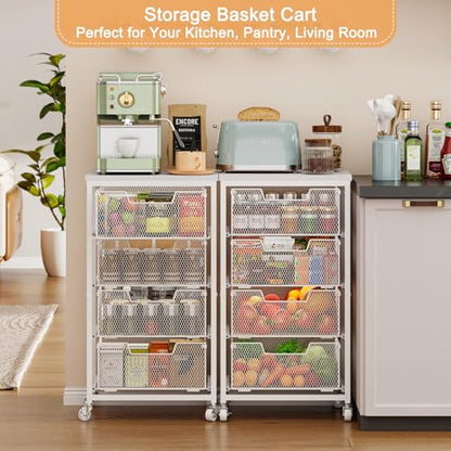 4-Tier Kitchen Storage Cart - Fruit Vegetable Storage Cart with Drawers, Wooden Top Metal Wire Kitchen Organizer and Storage Cart with Wheels to Storage Onions Potatoes Cans Snacks for Kitchen - size: White