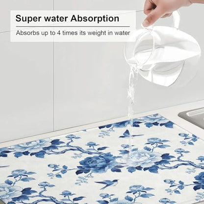 Chinoiserie Dish Drying Mat, for Kitchen Counter Microfiber Absorbent, Blue and White Dish Draining Mat Extra Large 18"x24" - color: Chinoiserie