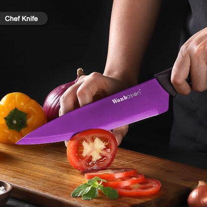Wanbasion Purple Stainless Steel Knife Set, Sharp Kitchen Knife Set Professional, Kitchen Knife Set Dishwasher Safe with Covers for Cooking - color: Purple