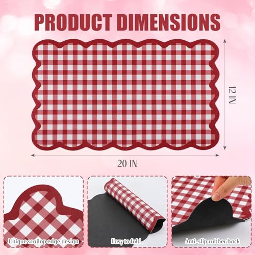 Scalloped Gingham Coffee Mat 12" x 20" Absorbent Coffee Bar Mat Gingham Espresso Matt for Counter(Red) - color: Red