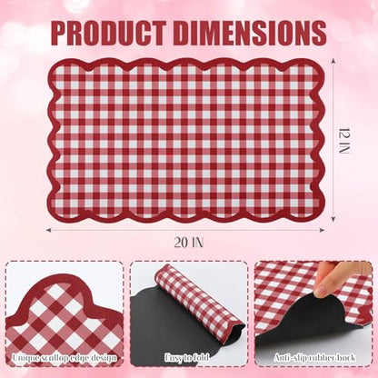 Scalloped Gingham Coffee Mat 12" x 20" Absorbent Coffee Bar Mat Gingham Espresso Matt for Counter(Red) - color: Red