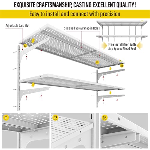 Aecxm 1pack×2 Tier 1.3x4ft Garage Shelving Wall Mounted, 260lbs Load Capacity，15.6x48inch per Shelf Height Cassette Adjustable Floating Shelves(White) - color: White, size: 2pack-1.3x4ft