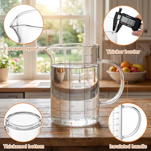 Graduated Glass Measuring Cup With Handle 500ML (16Oz, 2Cups) | High Borosilicate Liquid Measuring Cup for Baking Cooking Kitchen V-Shaped Spout Glass Measuring Beaker Easy To Read - size: 500ML (16Oz, 2Cups)