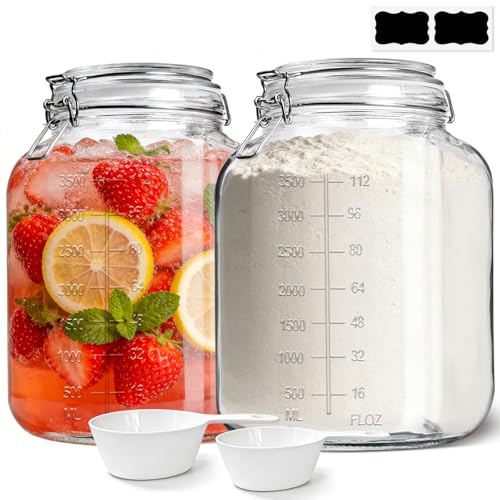 1.1 Gallon Wide Mouth Glass Canisters with Airtight Lids & Measurement Marks (2-Pack) – Includes 2 Measuring Scoops & Labels, Food Storage Jars for Flour, Sugar & Baking Supplies | BPA-Free