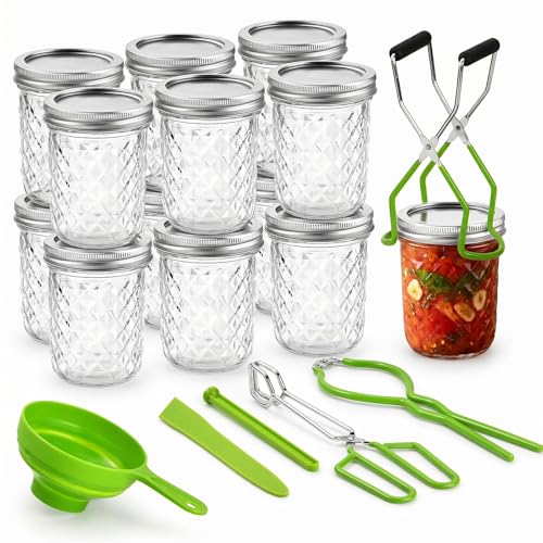 Canning Supplies Starter Kit – 12x 16oz Pint Mason Jars with Wide Mouth Funnel, Jar Lifter, Tongs, Jar Wrench – Complete Canner Tools for Jam, Pickling, Water Bath and Pressure Canning