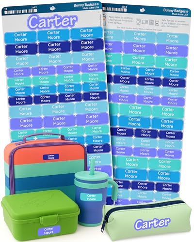 Bunny Badges Personalized Daycare Name Labels for Kids (120 Labels) Custom Label for Clothing Tag - Waterproof Name Stickers for Clothing Tags, Bottles, Backpacks and School Supplies (Aquatic) - color: Aquatic