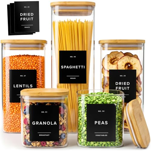EDELHAUS Glass Storage Containers with Bamboo Lids and Labels - Set of 5 | Extra Thick Square Glass Canisters with Bamboo Wood Lids and 54 Pre-printed Pantry Labels keeps dry Goods Fresh and Organized - color: Black Labels - Bamboo Lids - 5 Pack