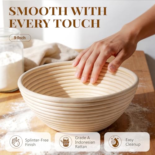 BAVIFY Sourdough Starter Kit, Banneton Bread Proofing Baskets Set | 2-Pack 9 in Round Banneton Basket, Indonesian Natural Rattan, Bread Proofing Bowl for Dough Rising, Fits up to 2.2 lb Dough
