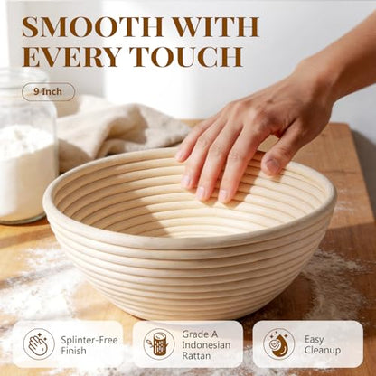 BAVIFY Sourdough Starter Kit, Banneton Bread Proofing Baskets Set | 2-Pack 9 in Round Banneton Basket, Indonesian Natural Rattan, Bread Proofing Bowl for Dough Rising, Fits up to 2.2 lb Dough