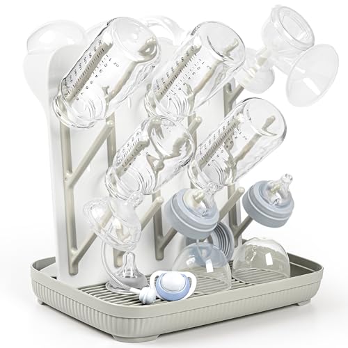 Termichy Baby Bottle Drying Rack: Large Vertical Bottle Dryer Rack Holder - Space Saving Standing Drying Rack for Baby Bottles and Pump Part Cleaning (Khaki) - color: Khaki