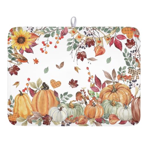 Fall Dish Drying Mat 18x24 Orange White Pumpkins Robin Sunflower Leaves Waterproof Thanksgiving Dish Drainer Mat Watercolor Berries for Kitchen Coffee Sinks Outdoor Use Keeping Dry Holiday Decoration - color: Burnt Orange, size: 24" x 18"