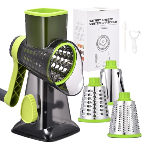 Rotary Cheese Grater with Handle Kitchen Shredder Slicer Grater Slicer Ice Shaver Cheese Vegetable Nuts Potato Zucchini Chocolate 3 Interchangeable Blades (Green TSP) - color: Green TSP