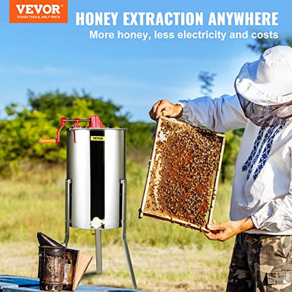 VEVOR 3 Frame Honey Extractor, Stainless Steel Manual Beekeeping Extraction, Honeycomb Drum Spinner with Transparent Lid, Apiary Centrifuge Equipment with Height Adjustable Stand - style: 3 Frame