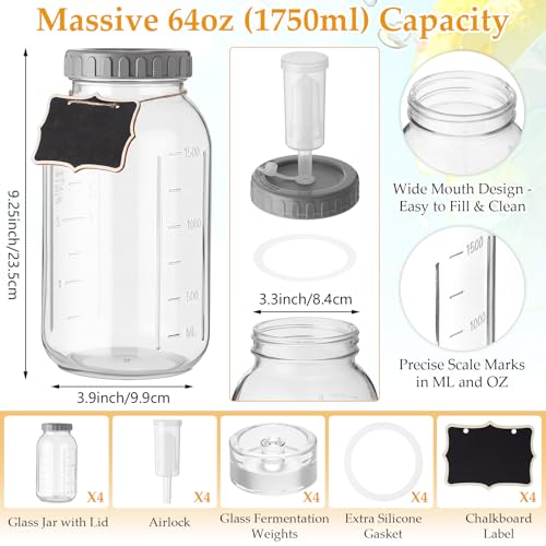 Mifoci 4 Pack Fermentation Jar Kit 64 oz Mason Glass Fermenting Jars with Fermenting Lids Airlock Lids Glass Weights Airlocks Silicone Rings for Easy Making and Storing Pickles Sauerkraut Kimchi