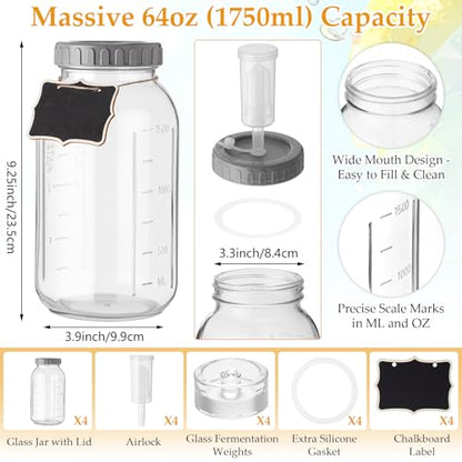 Mifoci 4 Pack Fermentation Jar Kit 64 oz Mason Glass Fermenting Jars with Fermenting Lids Airlock Lids Glass Weights Airlocks Silicone Rings for Easy Making and Storing Pickles Sauerkraut Kimchi